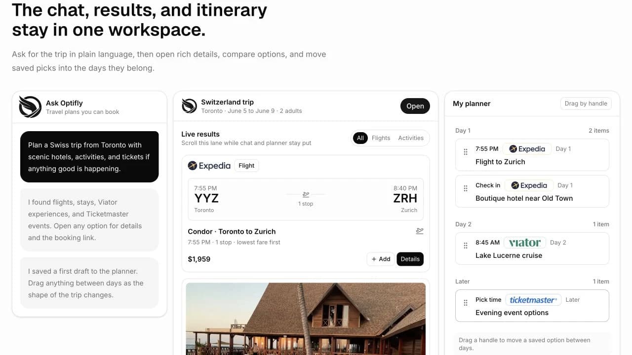 Optifly public workspace showing chat, live travel results, and a day-by-day planner
