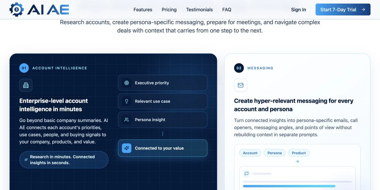 AI Account Executive public workflow showing account intelligence and messaging