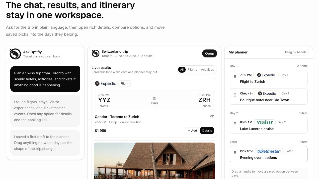 Optifly public workspace showing chat, live results, and itinerary planning
